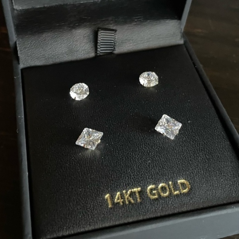 14KT Gold Round and Square Stud Earrings
